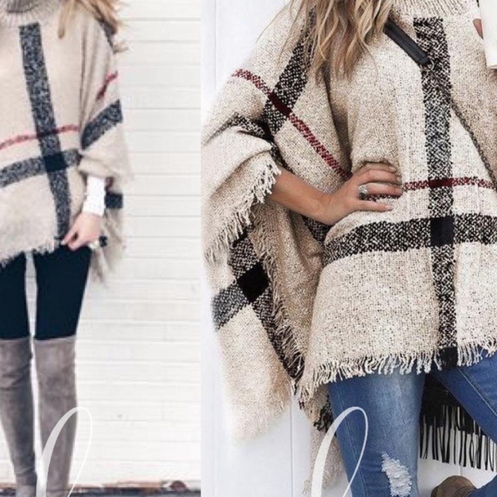 Gorgeous Plaid Poncho with Turtleneck - Picture 4 of 4